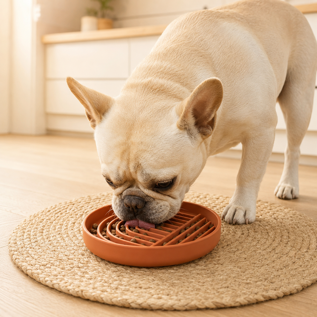 French bulldog eating from a Terracotta Collarva slow feeder dog bowl