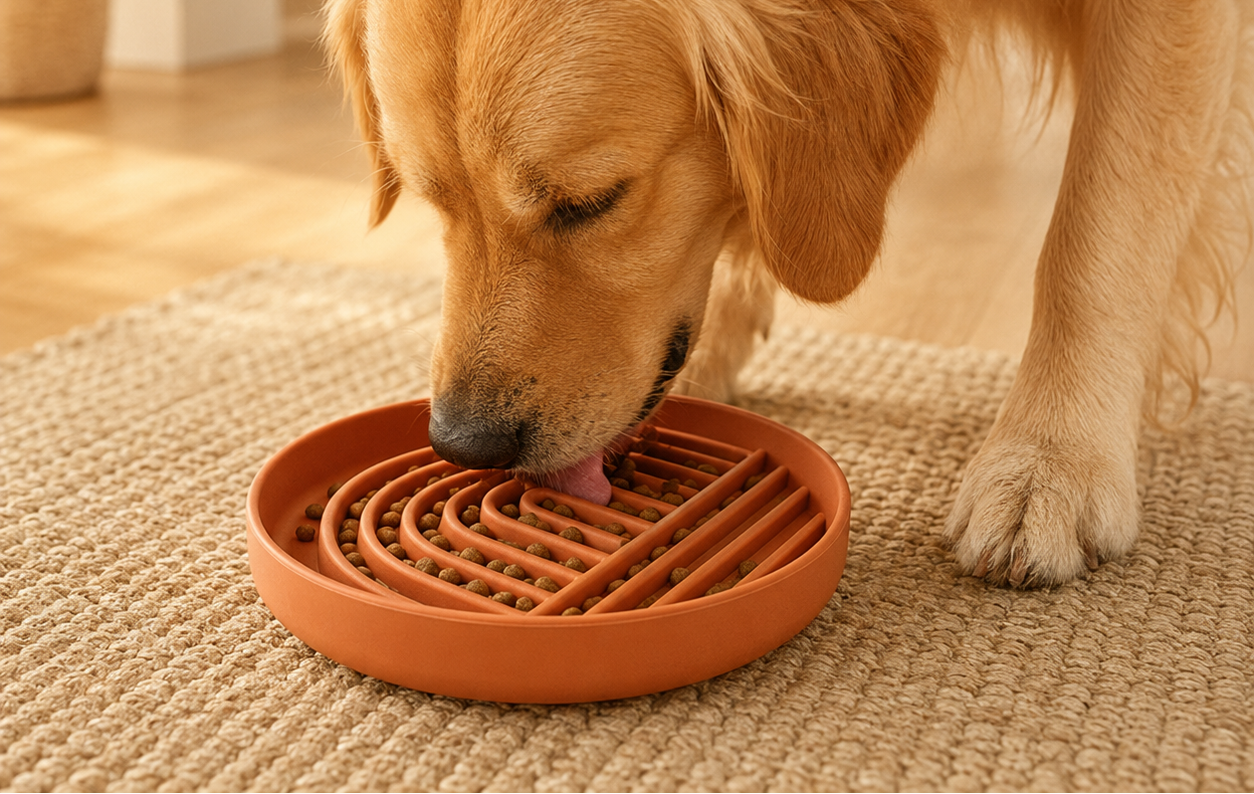 Golden retriever eating from a Terracotta Collarva slow feeder dog bowl