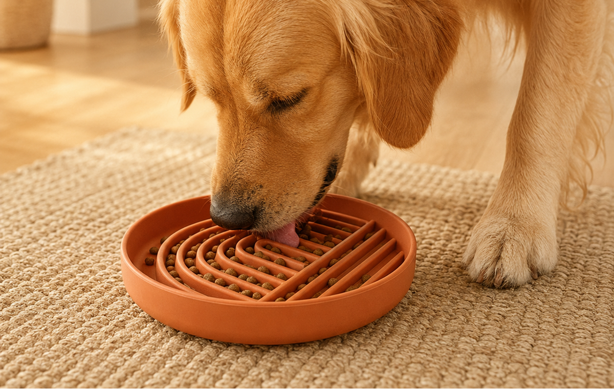 Golden retriever eating from a Terracotta Collarva slow feeder dog bowl